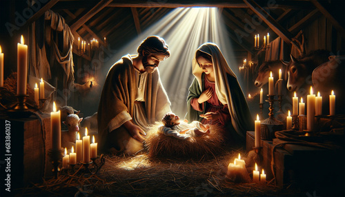 Nativity scene featuring Baby Jesus  Mary  and Joseph  the Holy Family 