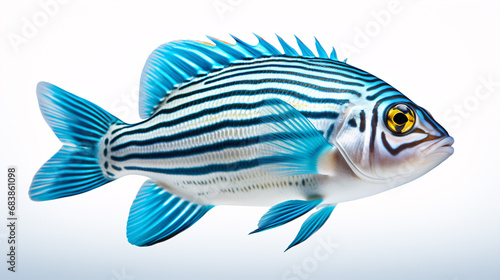 Isolated on a white backdrop, a shoal of blue-striped Caesio Striata (Striated Fusilier) can be seen swimming in the sea. photo