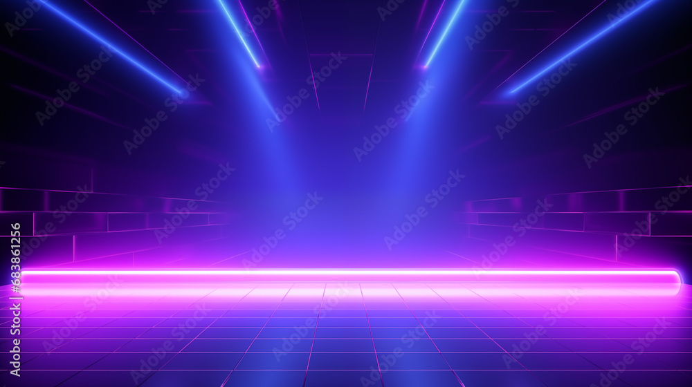 Empty dark abstract background. Background of empty show scene. Glow of sci-fi neon lights and neon figures on an empty concert stage. hi-tech technology background. Empty dark abstract background. Background of empty show scene. Glow of sci-fi neon lights and neon figures on an empty concert stage. hi-tech technology background.