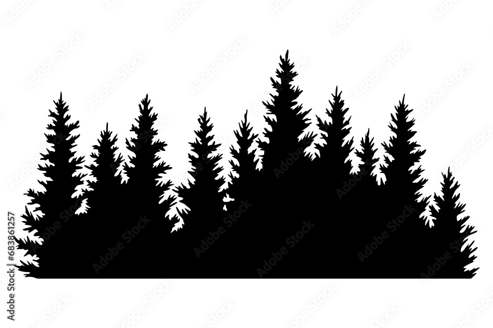 Fir trees silhouettes. Coniferous spruce horizontal background patterns, black evergreen woods illustration. Beautiful hand drawn panorama with treetops forest. Black pine woods