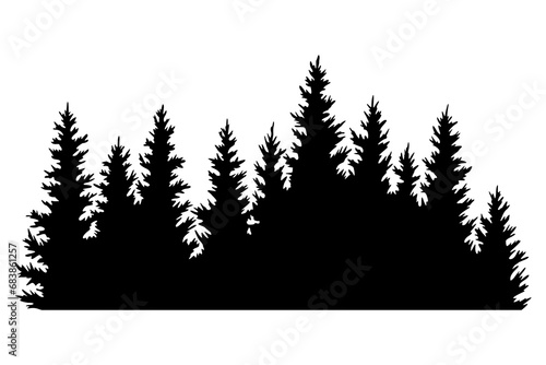 Fir trees silhouettes. Coniferous spruce horizontal background patterns  black evergreen woods illustration. Beautiful hand drawn panorama with treetops forest. Black pine woods