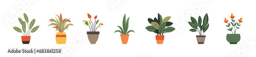 Set collection of houseplants in clay pots for home, office, indoor decoration flat illustration