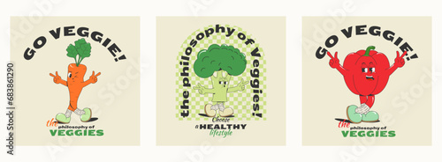 set of vegatarian prints, stickers for T-shirts, bags isolated on a white background Groovy characters: funny broccoli, carrots, peppers.Vector illustration in retro style of old comics of the 50s-60s