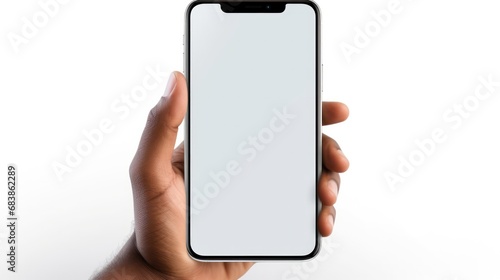 Hand holding a blank smartphone screen on a white background.