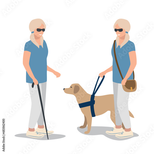 A blind girl with a guide dog walks on the street. Rehabilitation and adaptation of people with disabilities. Set of vector illustrations on a white background.
