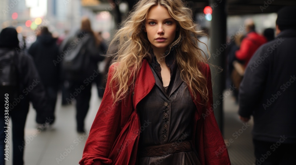 An elegantly dressed woman walks confidently down a lively street. An elegantly dressed woman walks confidently down a lively street.