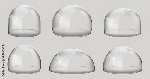 Glass domes. 3D Realistic spherical kitchen utensils, laboratory or exhibition cases. set isolated glossy shape of showcase safety on gray background