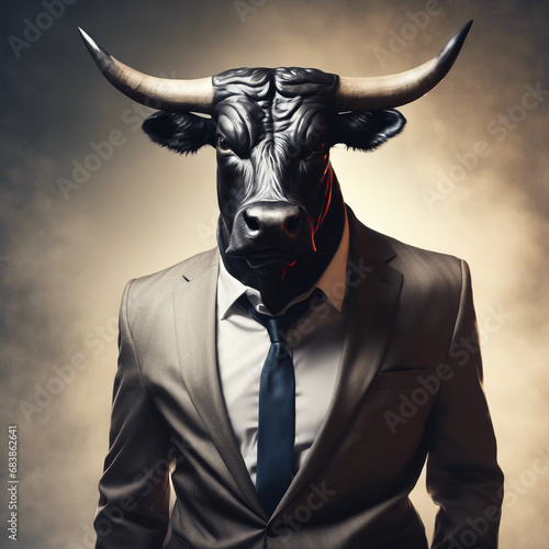 anthropomorphic bull in a business suit, dramatic lighting, Generative AI 
