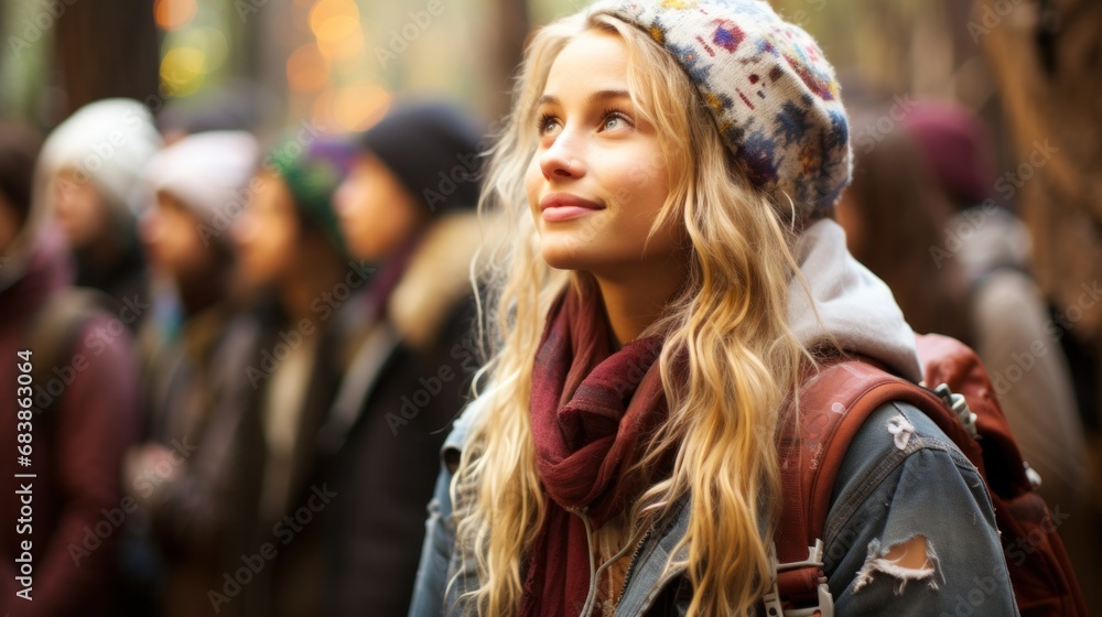 A girl wearing a hat and scarf stands out in a crowd of people, showcasing her unique style and individuality.