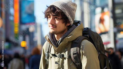 Cityscape with a traveler exploring the sights. © OKAN