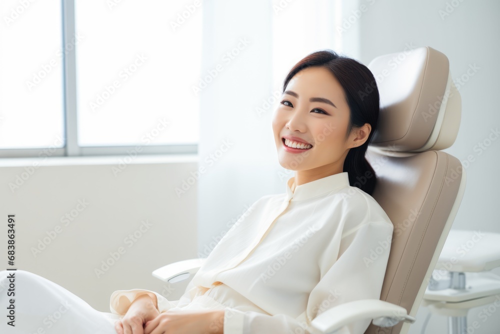 asian woman smiling happily while sitting in medical chair at dental clinic. AI Generated asian woman smiling happily while sitting in medical chair at dental clinic. AI Generated