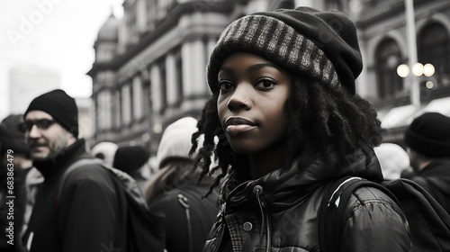 Black woman with dreadlocks and beanie in crowd.