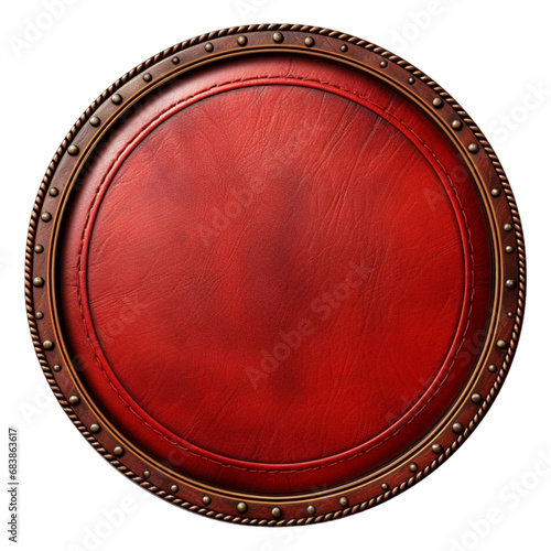 A round leather patch on the white background, in the style of dark red photo