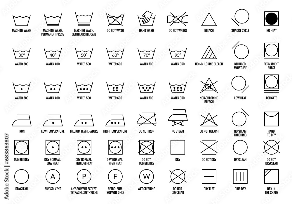 Laundry icons set. Care clothes instructions on labels, machine or hand washing signs collection. Water, ironing and drying temperature symbols collection, textile and fabric types