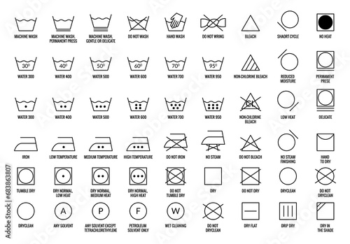 Laundry icons set. Care clothes instructions on labels, machine or hand washing signs collection. Water, ironing and drying temperature symbols collection, textile and fabric types photo