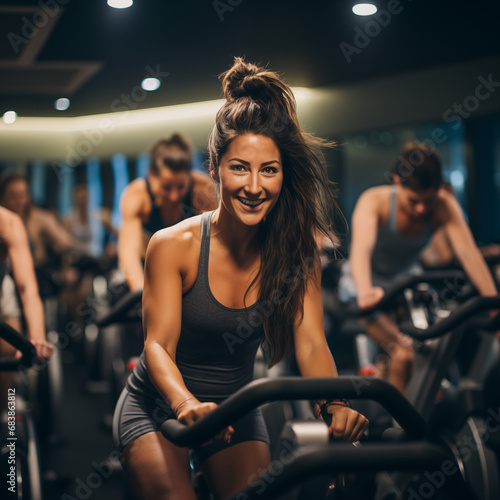 female pt coach trainer on fitness bike photo