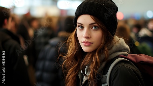 A woman wearing a beanie and carrying a backpack.