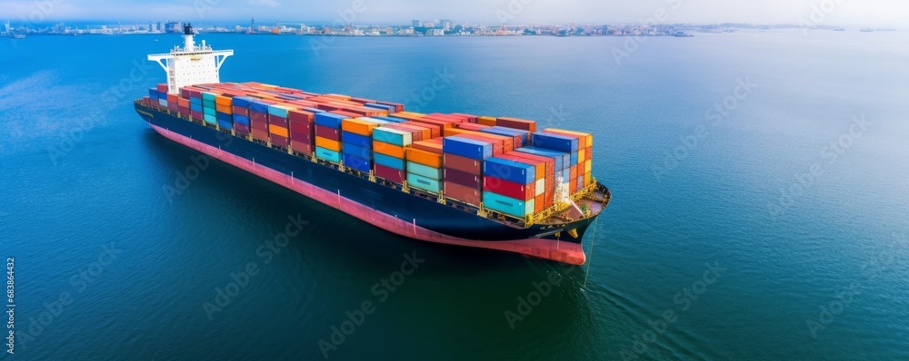 Aerial view container ship carrying container box global business cargo ...