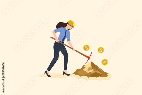 business woman mining Bitcoins cryptocurrency, bitcoin investment concept, smart Businesswoman holding pickaxe digging coin from the rock, Vector illustration. photo