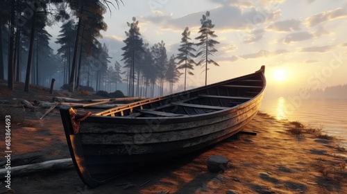 Serene sunset scene with boat on lake shore.