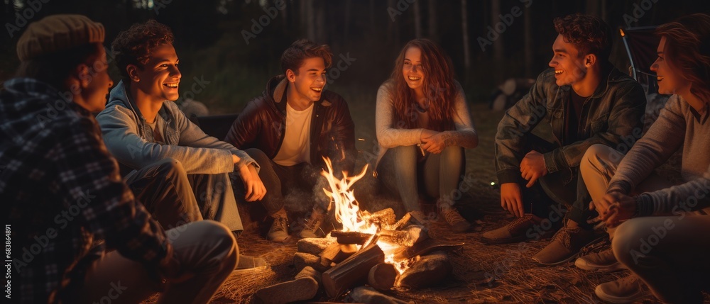 Group of friends enjoying evening campfire in woods. Friendship and leisure.