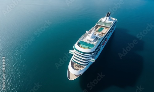 Aerial view beautiful large cruise ship at sea, Big blue passenger cruise liner ship vessel sailing across the Gulf of Thailand go to the beach, Generative AI  © The Framed Life