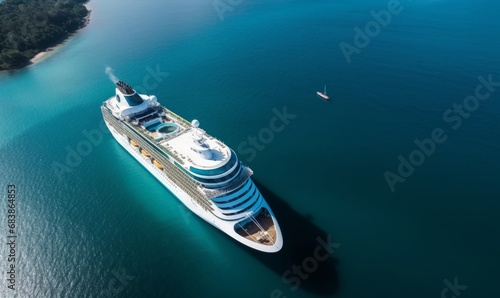 Aerial view beautiful large cruise ship at sea, Big blue passenger cruise liner ship vessel sailing across the Gulf of Thailand go to the beach, Generative AI  © The Framed Life