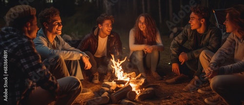 Group of friends enjoying evening campfire in woods. Friendship and leisure.