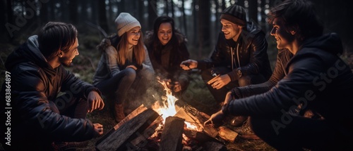 Group of friends enjoying campfire in forest at dusk. Outdoor leisure activity.