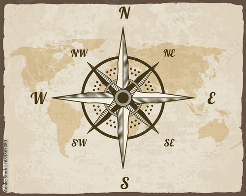 Retro nautical compass. Hand drawn wind rose on map background. Old design element for marine theme and heraldry. Vintage rose of wind for sea marine navigation
