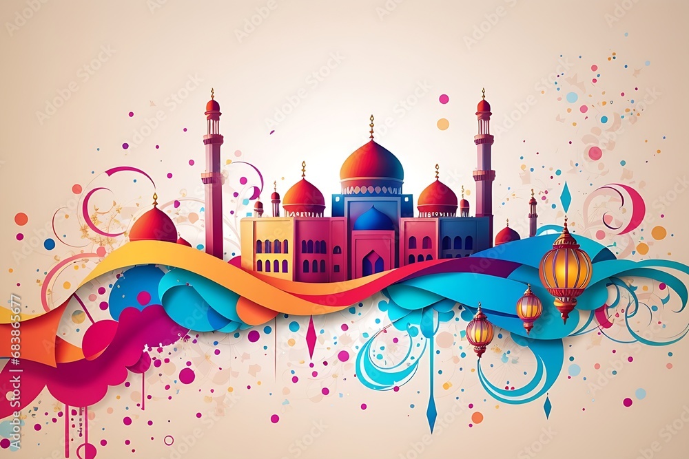 Creative art mosque Eid unique innovation colorful illustration wallpaper background 