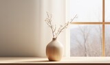 Exquisite 3D Model of a Wooden Vase in Window Light – Realistic Home Decor Mockup Generative AI