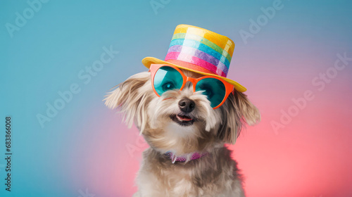 
Birthday party for pets. A sweet birthday dog, irresistibly cute with glasses and a rainbow-colored hat. photo