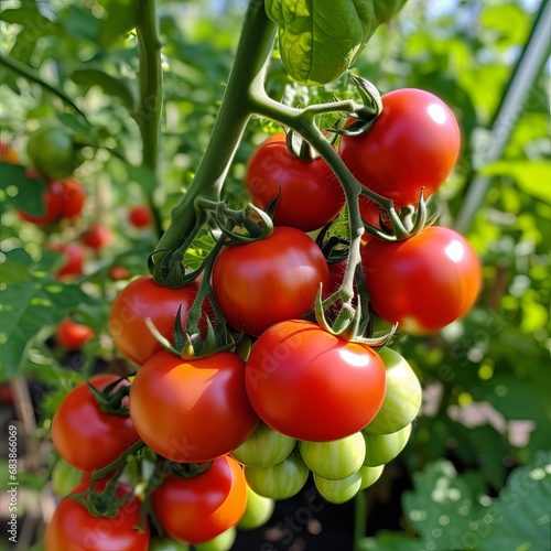 tomatoes in a greenhouse, cherry tomatoes on a branch, red tomatoes in garden vegetable farm 