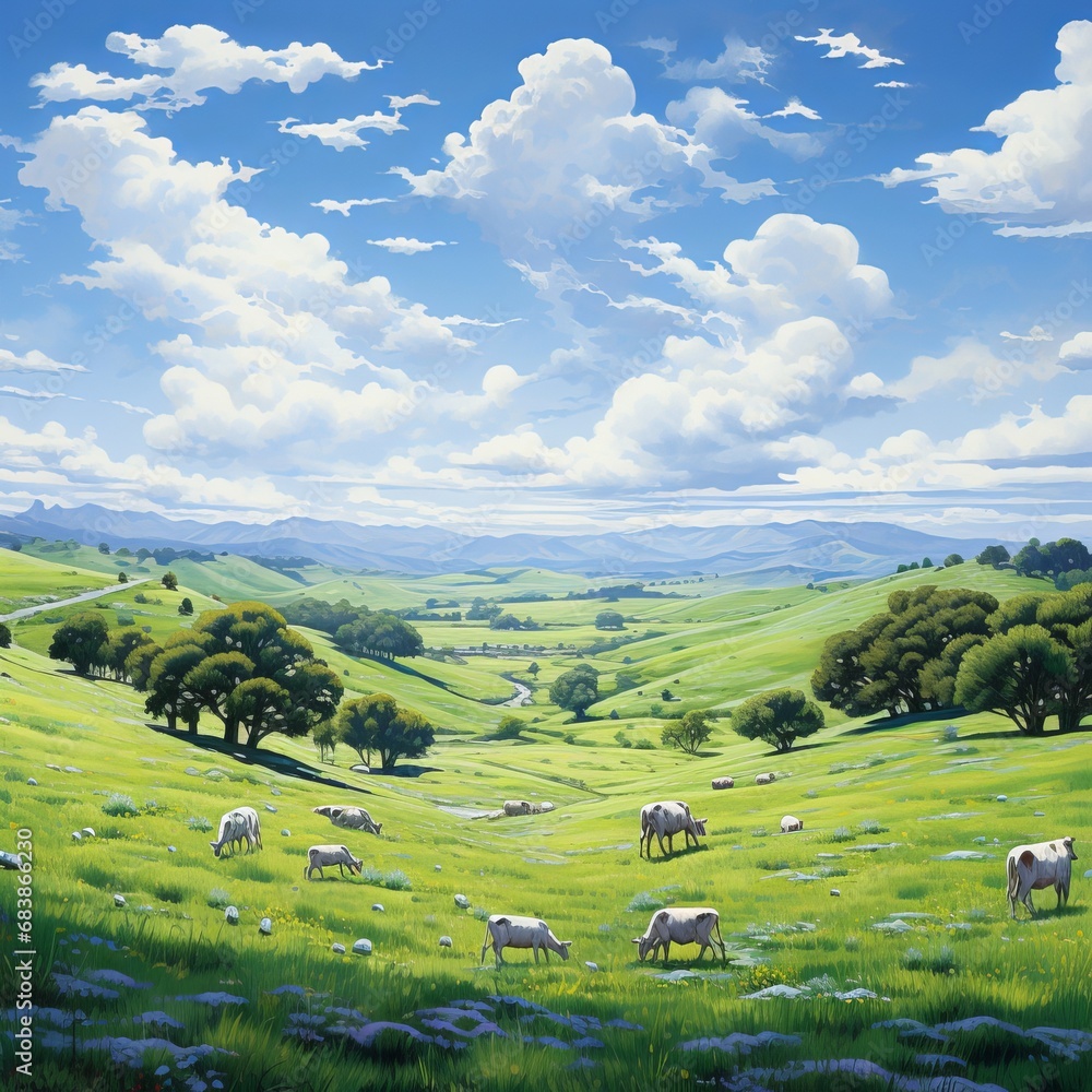 landscape with mountains and blue sky, nature, meadows