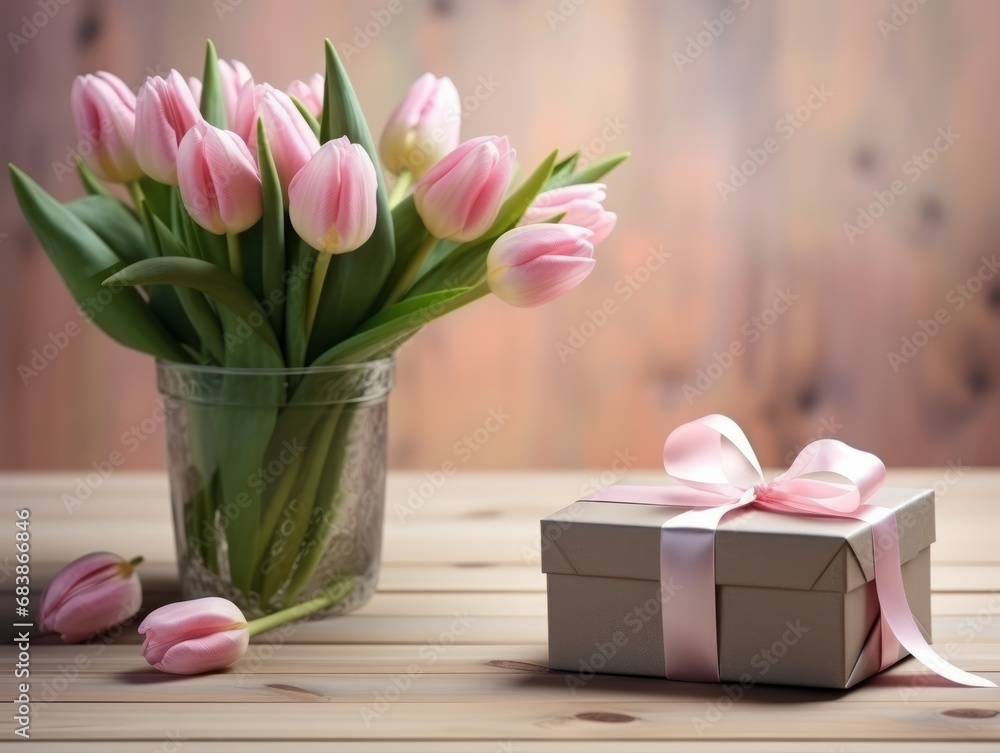 Unwrap Serenity: Stunning Pink Tulips Encased in an Elegant Gift Box! Generative AI Unwrap Serenity: Stunning Pink Tulips Encased in an Elegant Gift Box! Generative AI