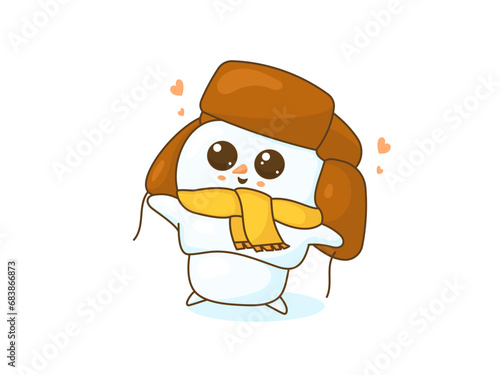 Cute Snowman in a hat with earflaps and a scarf. Vector winter character. Flat illustration with outline.