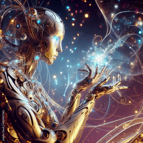 a woman cyborg holding a glowing object in her hands, intricate transhuman