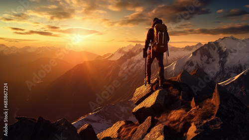 breathtaking shot of a solo hiker conquering a rugged mountain peak at sunset. © Samvel
