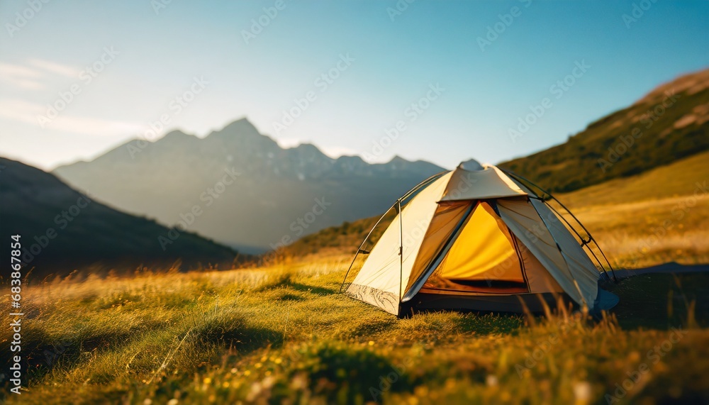 Camping in the wilderniss: Wonderful spot for heaving a calm night in the tent. Sunset scenery with golden light on the mountain in high grass. copy space for text