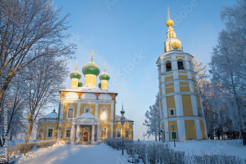 Ancient Spaso-Preobrazhensky Cathedral with a bell tower (1713) on a frosty January morning. Uglich, Yaroslavl region. Golden ring of Russia photo