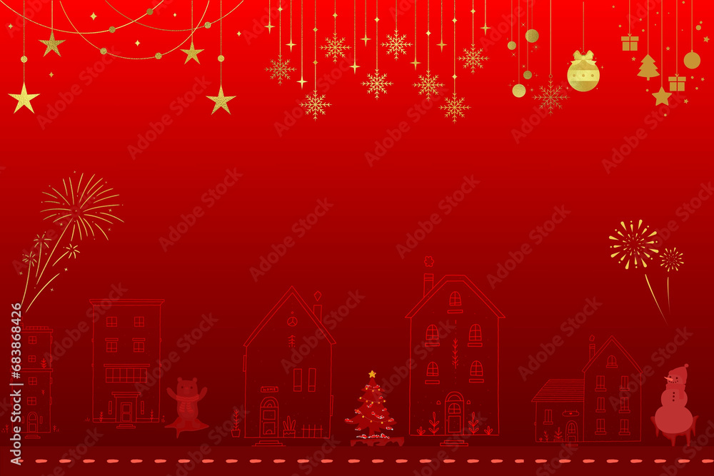 Luxury Christmas invitation card art deco design, Christmas tree, snowflake, firework line art