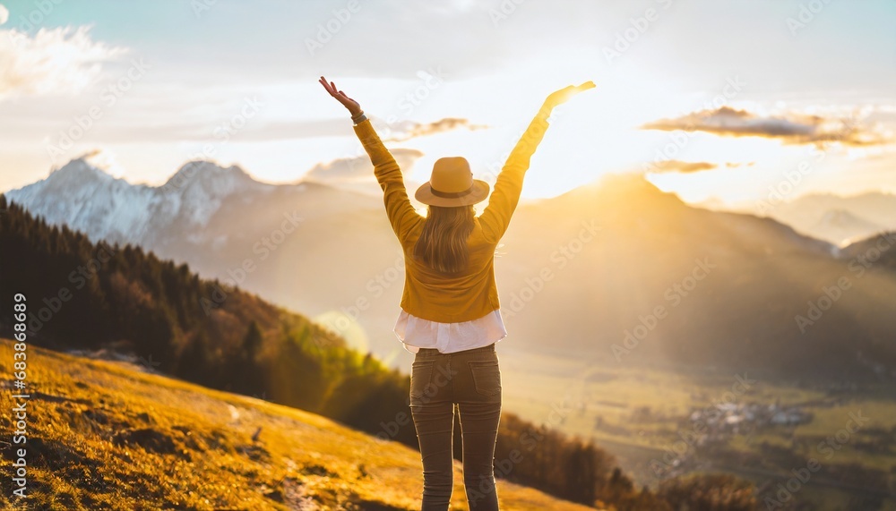 Success story: A woman on top of the mountain with arms open to a welcoming new day with sunrise success. Generative Ai Success story: A woman on top of the mountain with arms open to a welcoming new day with sunrise success. Generative Ai