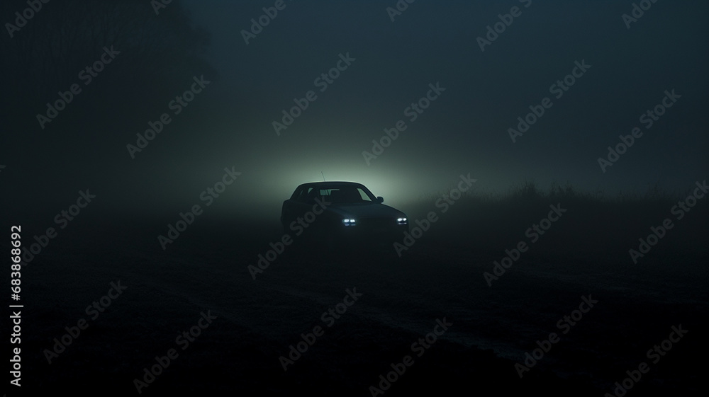 A mysterious forest road blanketed in thick fog, with the distant glow of approaching car