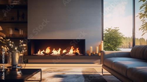 design of modern living room with fireplace and concrete walls.