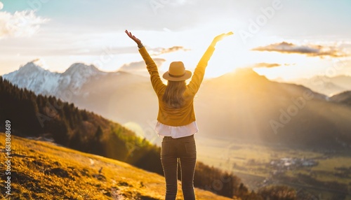 Success story: A woman on top of the mountain with arms open to a welcoming new day with sunrise success. Generative Ai