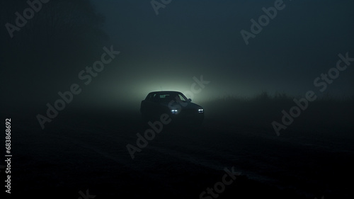 A mysterious forest road blanketed in thick fog  with the distant glow of approaching car