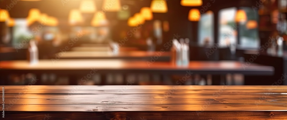 Vintage elegance. Blurred wooden table in dimly lit cafe ideal for creating retro atmosphere and showcasing products or ambiance