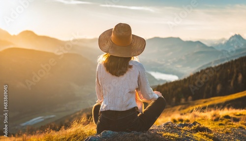 Travel lifestyle: Young beautiful woman with hat sitting on mountain peak and enjoys the view into the valley. generative ai © grahof_photo