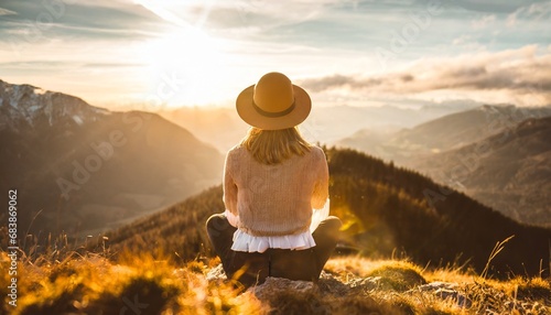 Young beautiful woman with hat sitting on mountain peak and enjoys the view into the valley. generative ai